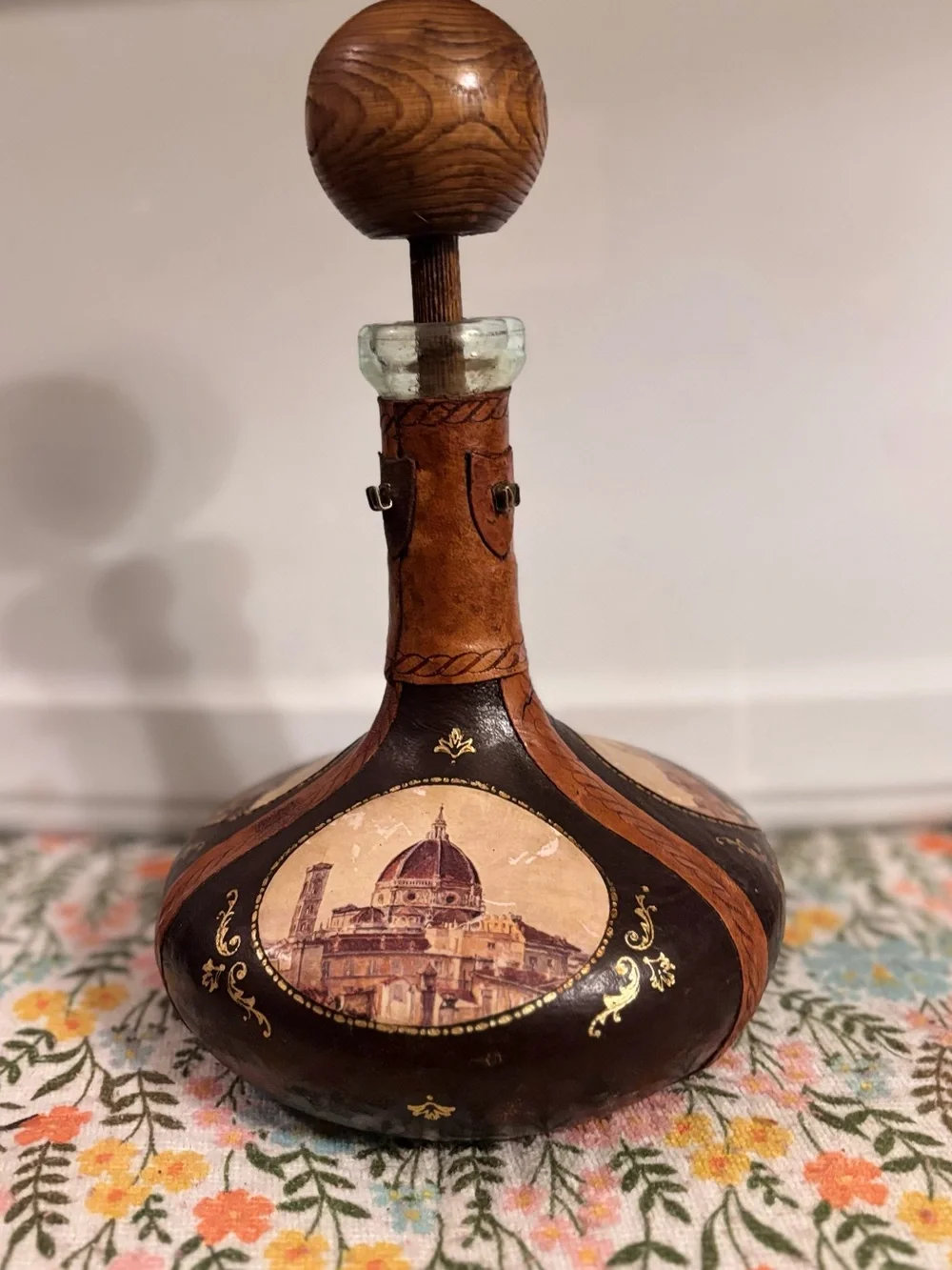 Vintage Leather Decorative Decanter with Florence Illustration.